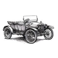 Vintage antique car illustration, side view of a classic 1900s automobile, detailed line drawing, graphic design, black and white sketch.