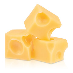 Pyramid of Emmental cheese cubes isolated on white background