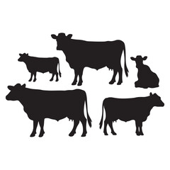 Set of Texas longhorn cow silhouettes in various poses. isolated vector on white background.