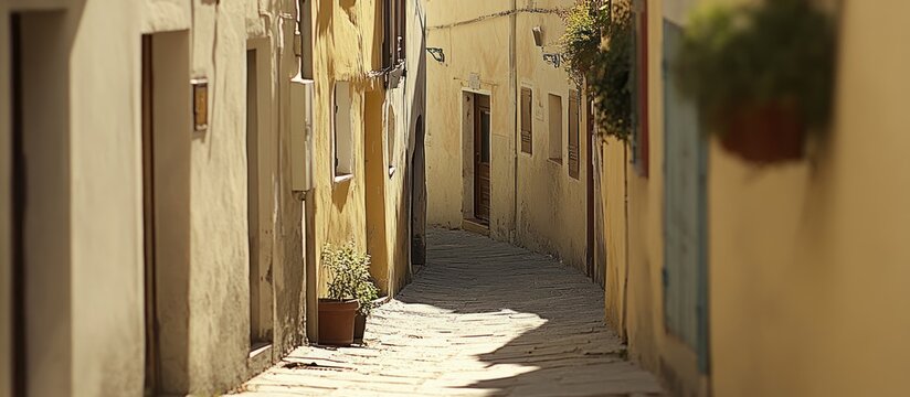 Fototapeta Sunny European alleyway, stone path, old buildings, travel background
