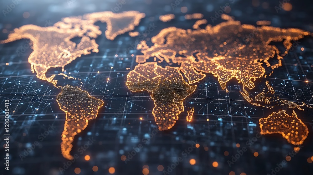 Poster global network: a mesmerizing digital rendering of the world map, illuminated by a network of glowin