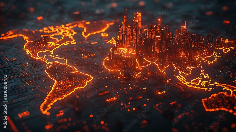 Poster global network: a stylized, futuristic representation of the world map with glowing cityscapes and c