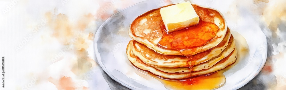 Poster close-up view of warm pancakes topped with golden butter and syrup on a watercolor background