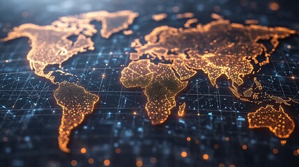 Global Network: A mesmerizing digital rendering of the world map, illuminated by a network of glowing nodes and connections, symbolizing global connectivity and digitalization. 