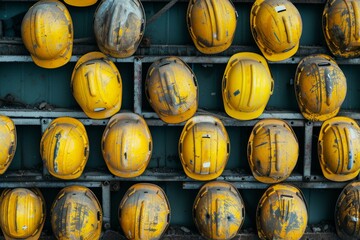 Rows of used yellow hard hats hanging on a metal rack symbolize workplace safety and protection for workers in industrial environments