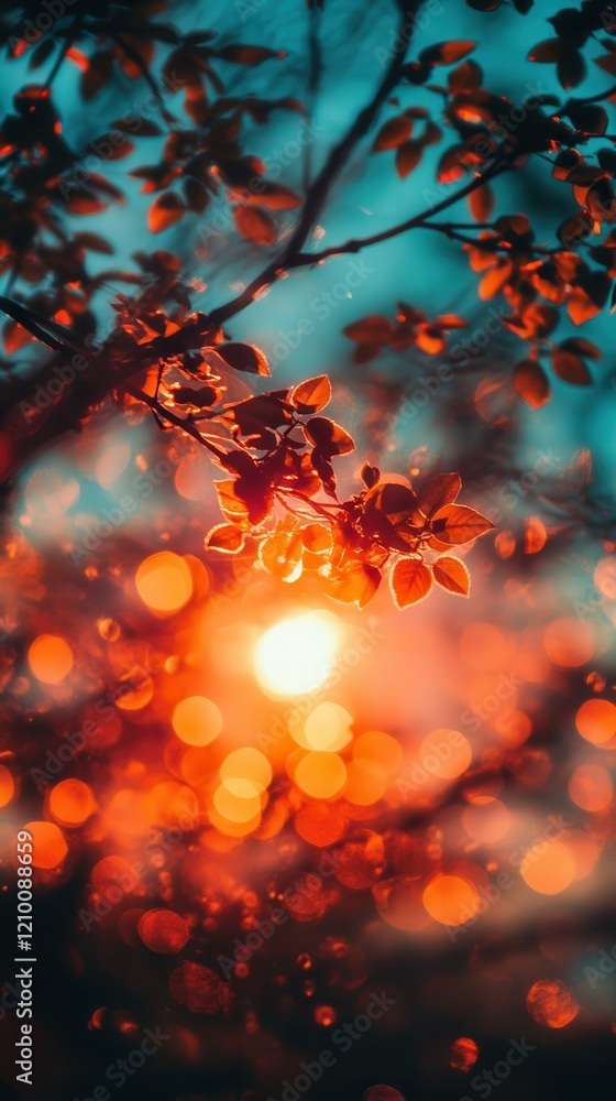 Aufkleber vibrant sunset bokeh with colorful gradients and leaves in a tranquil evening sky