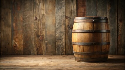 Rustic Wooden Barrel Resting on Aged Planks Against a Weathered Wooden Wall