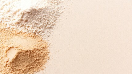 Beige and white powders on a light surface, copy space. Food ingredient photography for recipe blogs