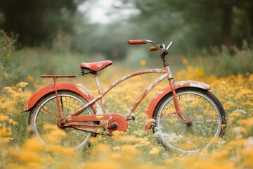 Fototapeta premium A lonely bicycle left in an overgrown field, its paint chipped and weathered by time