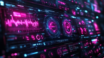 Obraz premium Cybernetic Interface: A mesmerizing close-up of a futuristic, neon-lit digital interface with vibrant pink and blue hues. The intricate network of data streams, gauges.