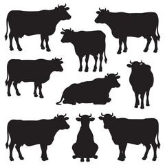 Set of Texas longhorn cow silhouettes in various poses. isolated vector on white background.