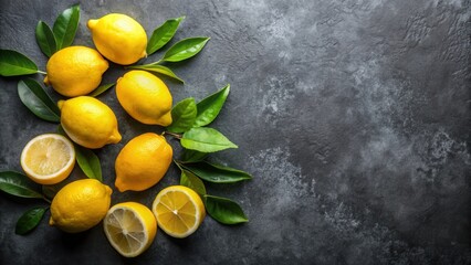 A vibrant collection of ripe lemons with lush green leaves arranged on a dark textured surface, ideal for culinary or refreshment themes.