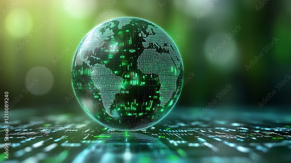 Poster global connection: a digital rendering of a glowing green earth globe sits atop a swirling circuit b