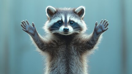Fototapeta premium Cute raccoon paws up, window, blurred background, playful greeting card