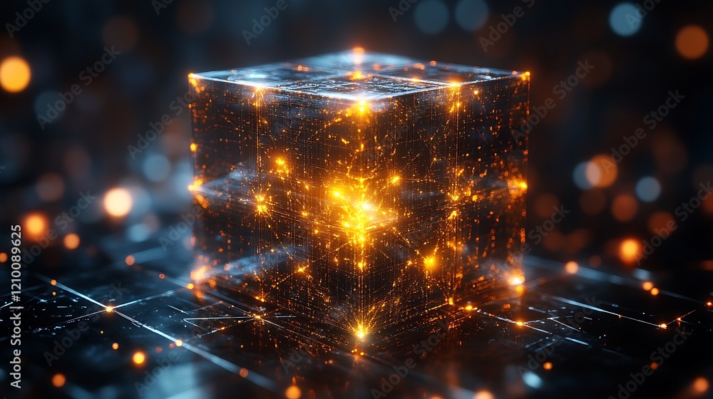 Poster cosmic cube: a mesmerizing, glowing cube pulsates with ethereal energy, surrounded by shimmering par