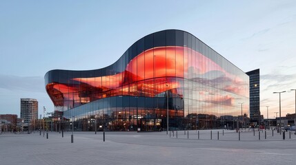 Fototapeta premium Modern architecture reflecting vibrant sunset colors on glass facade of urban building in contemporary city landscape with motion and design elements