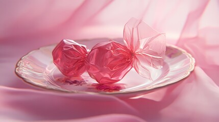 Pink Candy Wrapped in Sheer Film on Decorative Plate