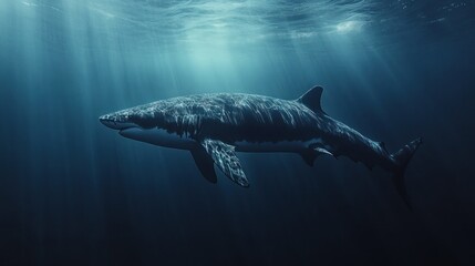 Fototapeta premium Majestic shark swimming deep ocean sunbeams, marine wildlife documentary
