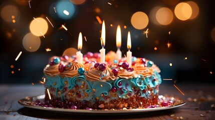 A vibrant birthday cake with colorful sprinkles and celebration sparklers, captured in HD with plenty of copy space to the side for text or messaging.