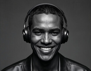 Smiling man with headphones, waving. Black and white photo with digital effects. Headphones, smile, and wave create a dynamic, tech-inspired vibe. Male person, man photo image.