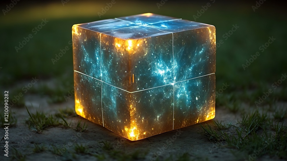 Poster luminous cube enigma: a mysterious, glowing cube emits an ethereal, otherworldly light, pulsating wi