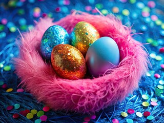 Pastel pink nest, vibrant eggs, and shimmering sequins&acirc;&euro;&rdquo;a spring fashion dream.