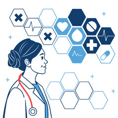 Female doctor profile with medical technology overlay