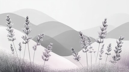 Soft pastel lavender and gray arcs create a tranquil landscape with elegant growth in balanced harmony