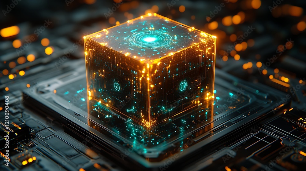 Poster cybernetic core: glowing teal and amber energy pulses within a futuristic cube, resting on a complex