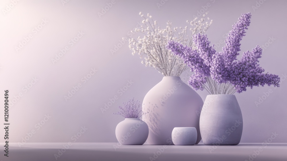 Poster delicate lavender and white flowers in soft pastel vases create a serene atmosphere in a calming int