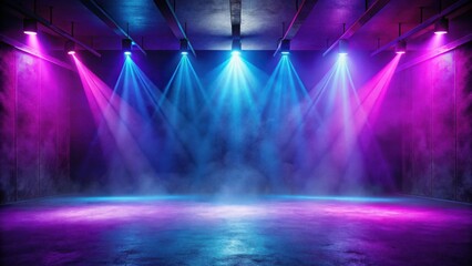 Empty stage with vibrant neon lighting and smoky atmosphere, perfect for showcasing products or creating a futuristic scene.