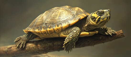 Obraz premium Turtle resting on branch, blurred background, terrarium setting