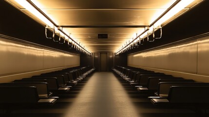 Subtly lit empty subway carriage with rows of seats facing each other. Two sets of handlebars run the length of the ceiling of the carriage. 
