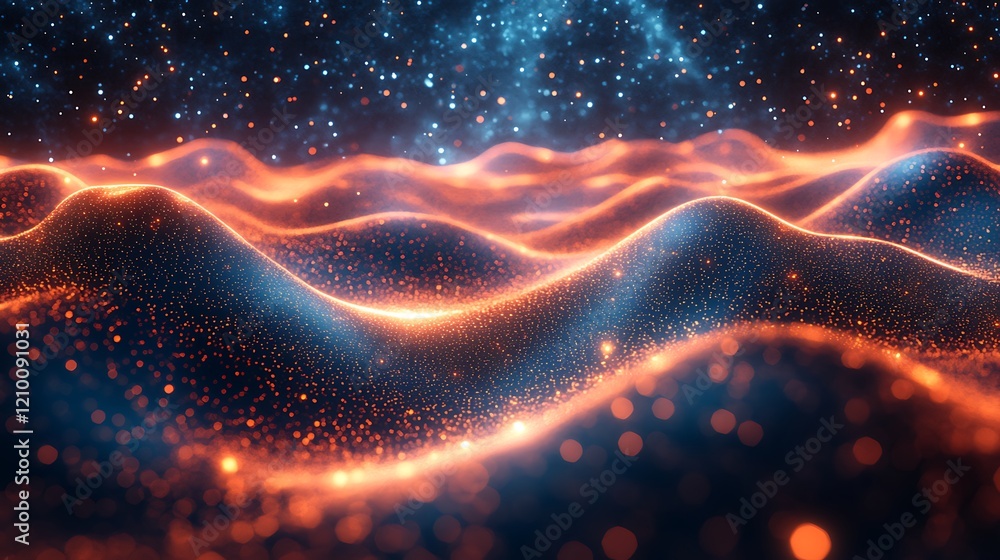 Poster cosmic waves: a mesmerizing abstract landscape of luminous waves with a captivating interplay of ora