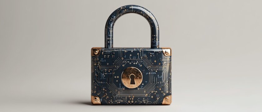 3D mockup of a padlock with circuit surface and binary code, symbolizing advanced security and cyber protection, white background with space for advertising poster