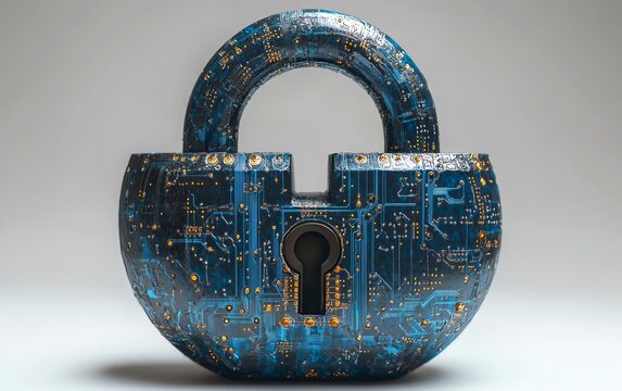 3D mockup of a padlock with binary code and circuit design, front view, symbolizing cybersecurity and future technology, clean white background with place for poster
