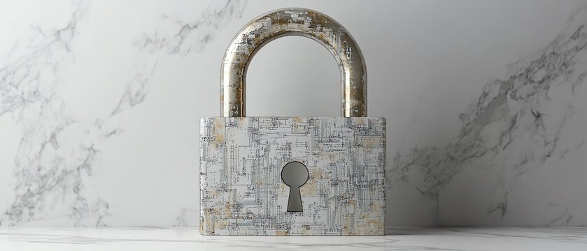 3D mockup of a padlock with circuit surface and binary code, symbolizing advanced security and cyber protection, white background with space for advertising poster