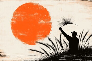 A vintage-style poster featuring a farmer gathering wheat in a field, designed with muted earth tones, retro typography, and distressed textures