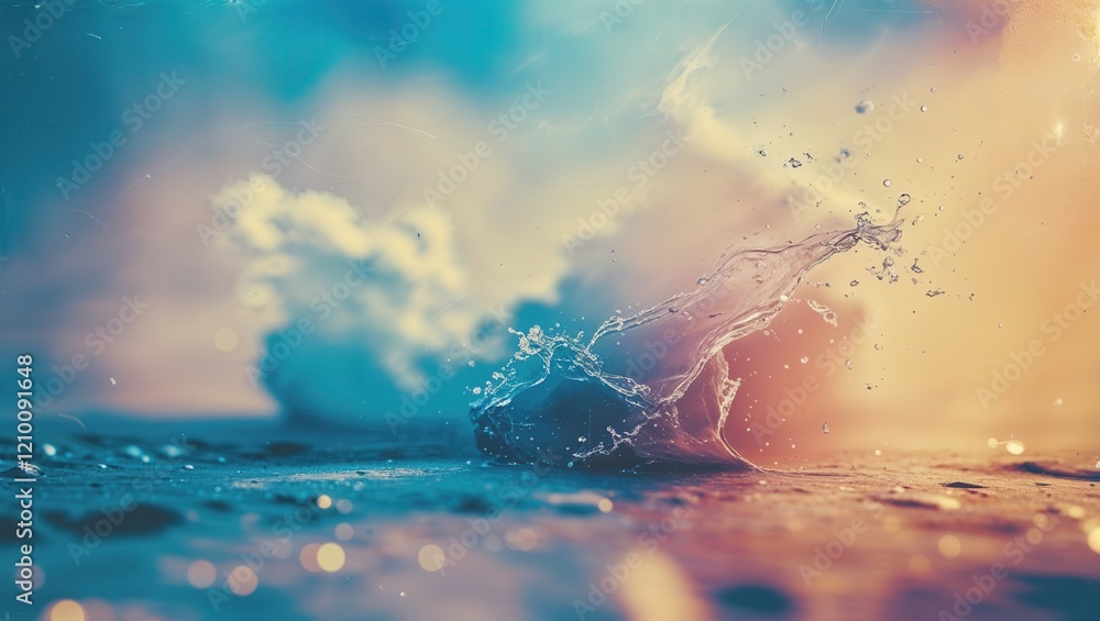 Poster a vibrant, abstract image of water splashing, surrounded by colorful reflections and soft clouds, cr