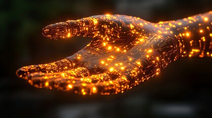 A Spark of Innovation: A hand composed of swirling, incandescent energy glows with a radiant brilliance, a powerful visual metaphor for the energy, potential, and innovation of the future. 