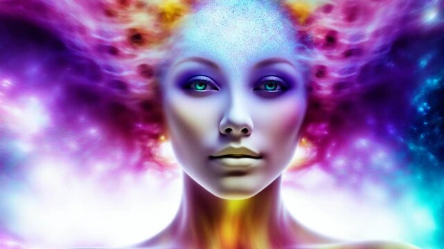 Woman brain power. Idea cloud inside human head. Self mind energy, inner world logic. Smart happy face, soul light dream. Global nerve system, peace people wisdom, mental health concept, neural ai art