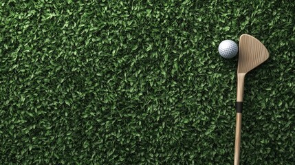 A top view of a putter and two golf balls resting on vibrant green grass, offering a perfect opportunity for design or text additions
