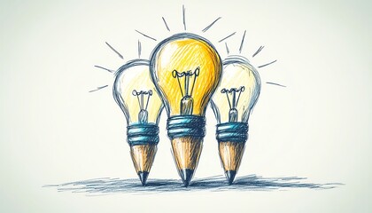 Creative concept of three pencils with lightbulb ideas on top, handdrawn illustration, clean white background, representing innovation and brainstorming