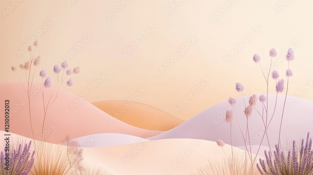 Poster Large pastel peach and lavender fields create a modern minimalist design with soft curves and natural elements