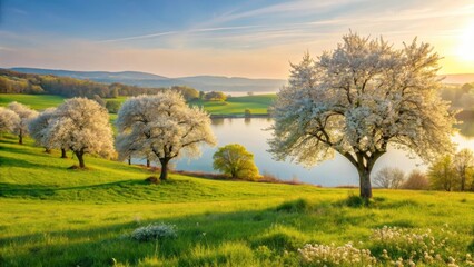 Fototapeta premium Serene Springtime Landscape Featuring Blossoming Trees by a Tranquil Lake at Sunset
