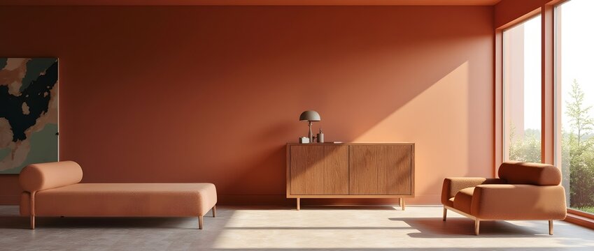 living room interior in monochrome terracotta color