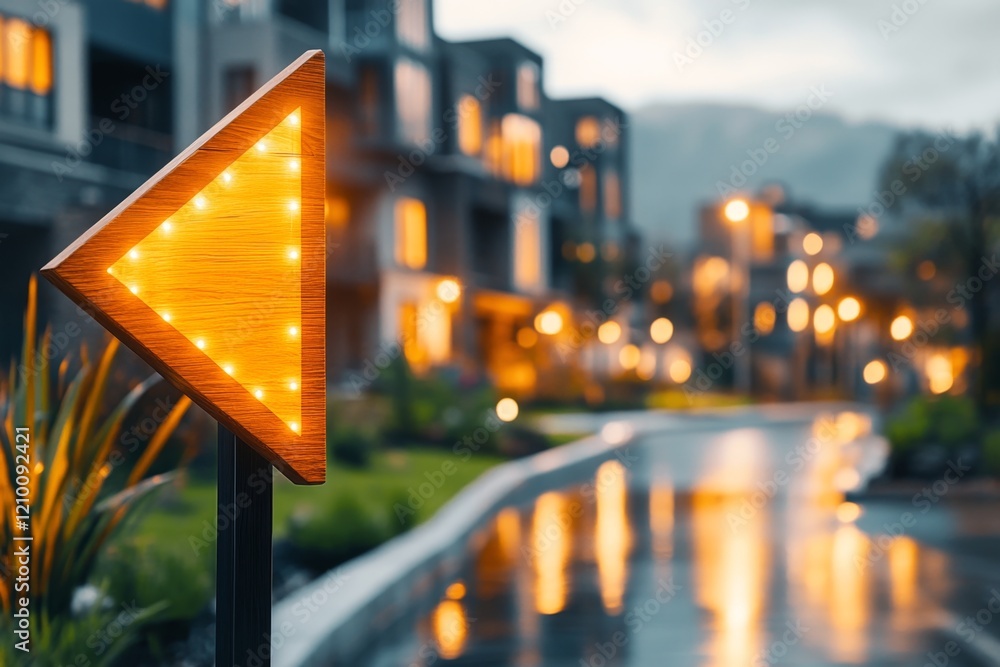 Poster a wooden yield sign with a glowing led light strip embedded around the edges, standing in a modern e