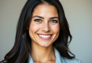Fototapeta premium Latin American woman with dark hair and brown eyes, smiling and looking directly at the camera.