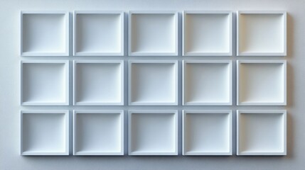 Fifteen Empty White Square Recessed Shelves on Wall