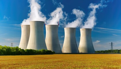 Nuclear power plant cooling towers emitting steam under blue sky